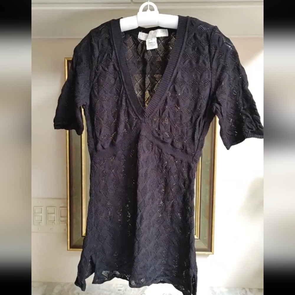 Bette Paige Navy Sheer Knit Fitted Short Sleeve Top XS